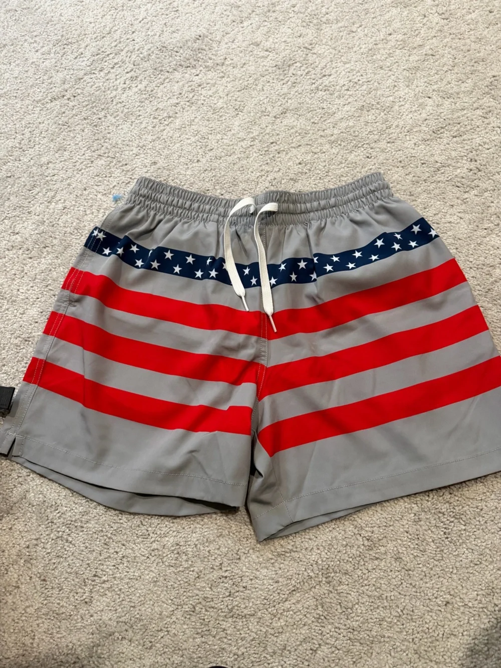 chubbies Grey Swim Trunks with Red Stripes and Navy Star Band